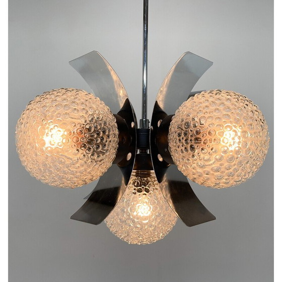 Image 1 of Lampadario vintage in vetro e cromo per Elektroinstala Děčín, Cecoslovacchia anni '70