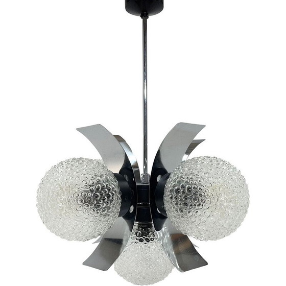 Image 1 of Lampadario vintage in vetro e cromo per Elektroinstala Děčín, Cecoslovacchia anni '70