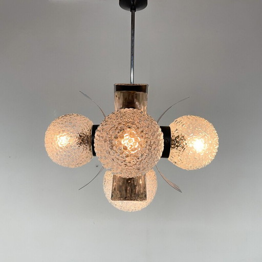 Vintage glass and chrome chandelier for Elektroinstala Děčín, Czechoslovakia 1970s