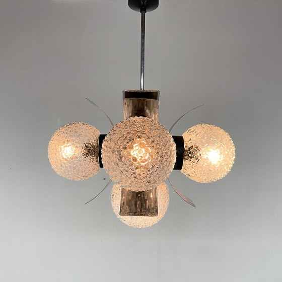 Image 1 of Lampadario vintage in vetro e cromo per Elektroinstala Děčín, Cecoslovacchia anni '70