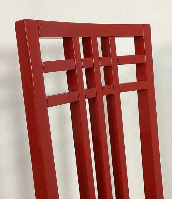 Image 1 of 6 x Memphis Style high back Italian red lacquired wood chairs 