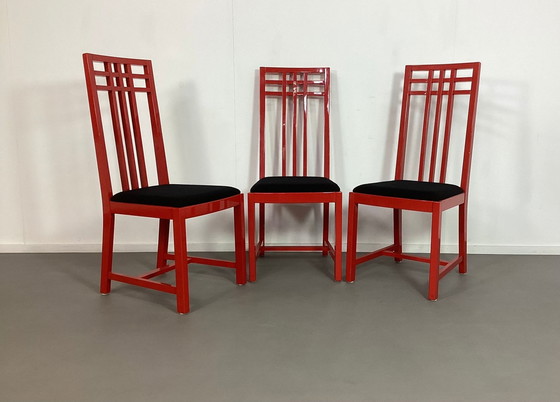 Image 1 of 6 x Memphis Style high back Italian red lacquired wood chairs 