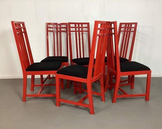 Image 1 of 6 x Memphis Style high back Italian red lacquired wood chairs 