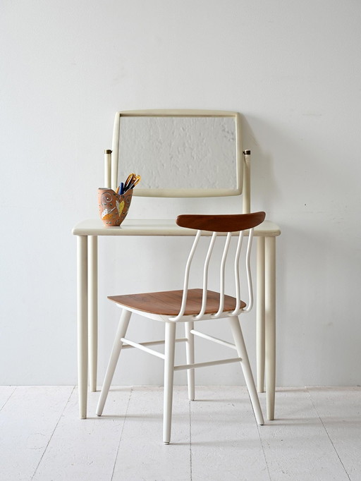 1960S Vintage Wooden Vanity With Adjustable Mirror, White Painted Dressing Table