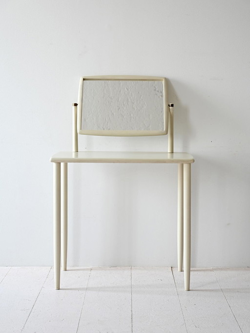 1960S Vintage Wooden Vanity With Adjustable Mirror, White Painted Dressing Table