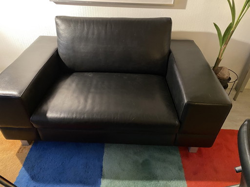 Leolux Loveseat, Black Leather, Antipode