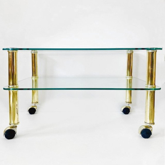 Image 1 of Low glass small coffee table glass gold Hollywood Regency