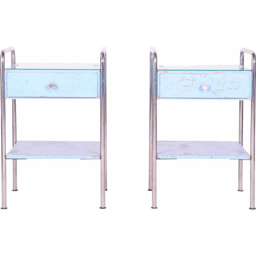 Pair of vintage plywood and chrome steel nightstands by Mücke Melder, Czechoslovakia 1930