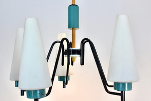 Dutch steel, wood & opaline glass pendant