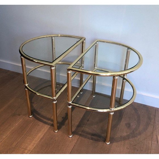 Image 1 of Coppia di tavolini vintage arrotondati in ottone e metallo argentato, Francia 1970