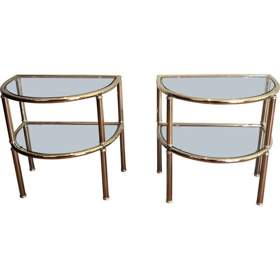 Image 1 of Coppia di tavolini vintage arrotondati in ottone e metallo argentato, Francia 1970