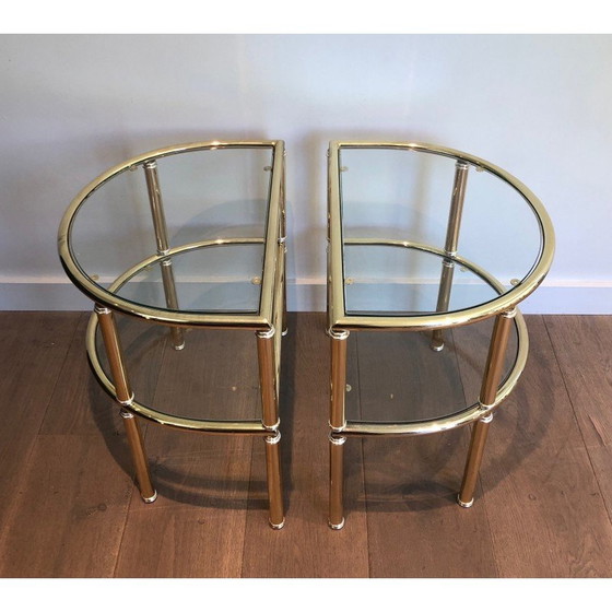 Image 1 of Coppia di tavolini vintage arrotondati in ottone e metallo argentato, Francia 1970