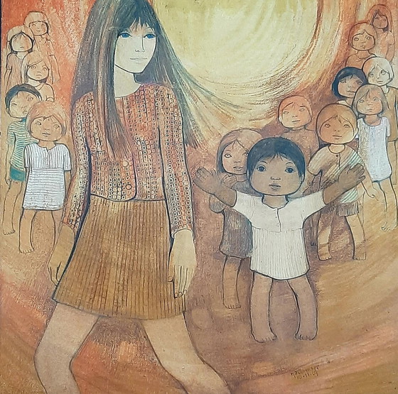 Image 1 of Decorazione murale vintage su legno dipinto