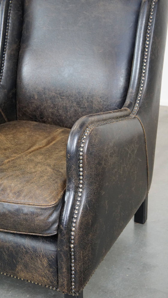 Image 1 of 2 X Black Beef Leather Armchair With A High Back And With Decorative Nails