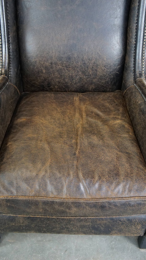 Image 1 of 2 X Black Beef Leather Armchair With A High Back And With Decorative Nails