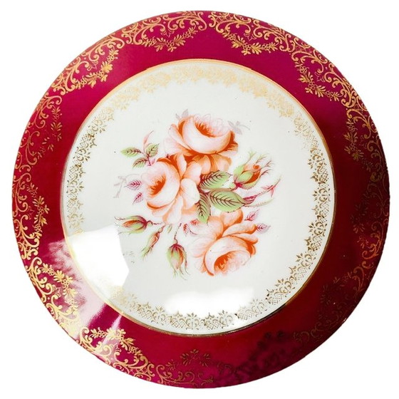 Image 1 of Vintage XL Limoges bonbonnière flowers ruby red gold leaf 1970's