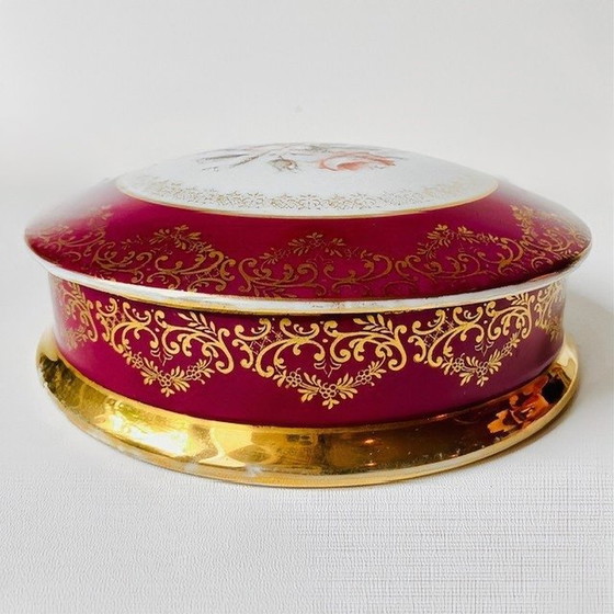 Image 1 of Vintage XL Limoges bonbonnière flowers ruby red gold leaf 1970's