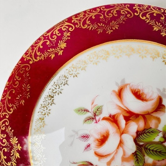 Image 1 of Vintage XL Limoges bonbonnière flowers ruby red gold leaf 1970's