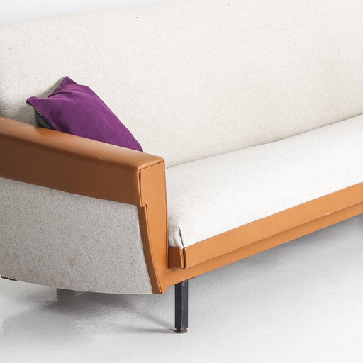 Vintage 3-seater convertible sofa in fabric and imitation leather