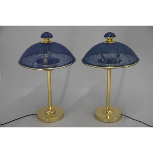 Pair of vintage brass and blue lacquered metal table lamps, Europe 1970