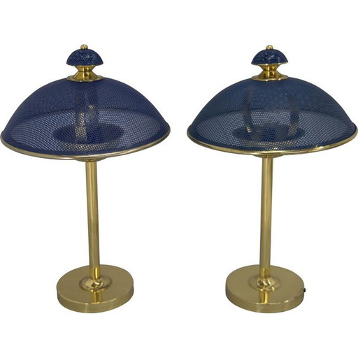 Pair of vintage brass and blue lacquered metal table lamps, Europe 1970