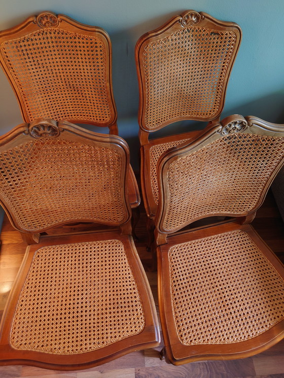 Image 1 of 4x  French Louis XV Wood Style Dining Room Cane Chairs