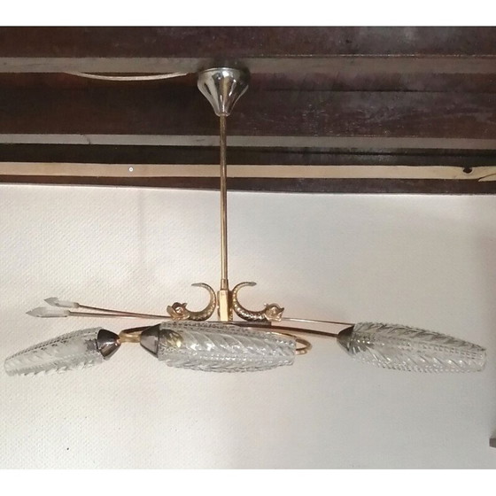 Image 1 of Lampadario vintage a forma di pesce in ottone dorato, 1950