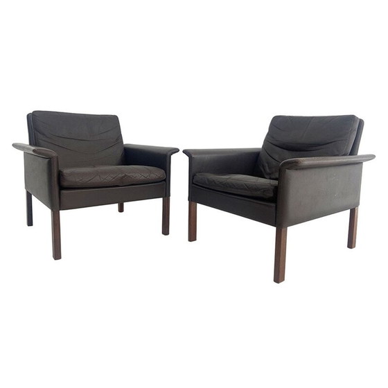 Image 1 of Pair of vintgae rosewood and brown leather armchairs by Hans Olsen