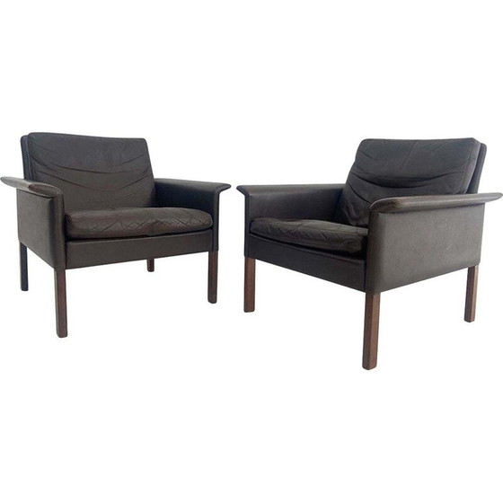 Image 1 of Pair of vintgae rosewood and brown leather armchairs by Hans Olsen