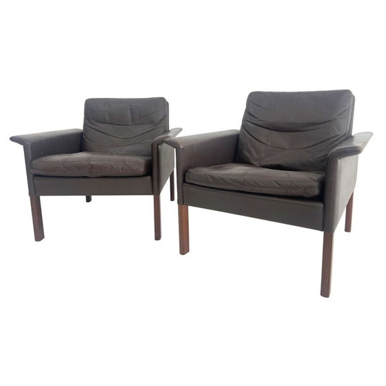 Image 1 of Pair of vintgae rosewood and brown leather armchairs by Hans Olsen