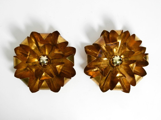 Image 1 of Pair Of Beautiful 70'S Gilded Floral Wall Or Ceiling Lamp With Large Leaves In Regency Design