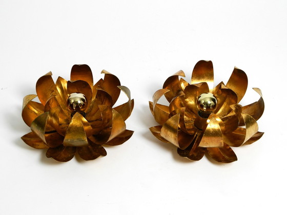 Image 1 of Pair Of Beautiful 70'S Gilded Floral Wall Or Ceiling Lamp With Large Leaves In Regency Design