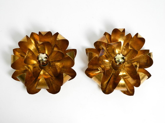 Image 1 of Pair Of Beautiful 70'S Gilded Floral Wall Or Ceiling Lamp With Large Leaves In Regency Design