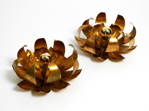 Pair Of Beautiful 70'S Gilded Floral Wall Or Ceiling Lamp With Large Leaves In Regency Design