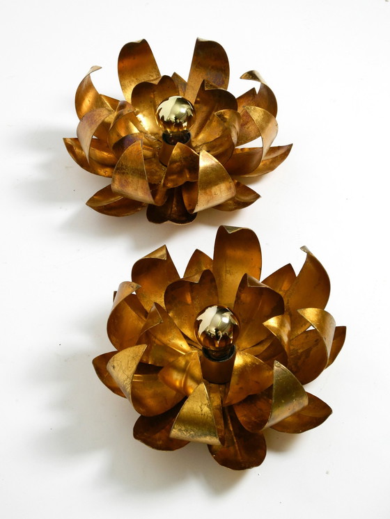 Image 1 of Pair Of Beautiful 70'S Gilded Floral Wall Or Ceiling Lamp With Large Leaves In Regency Design