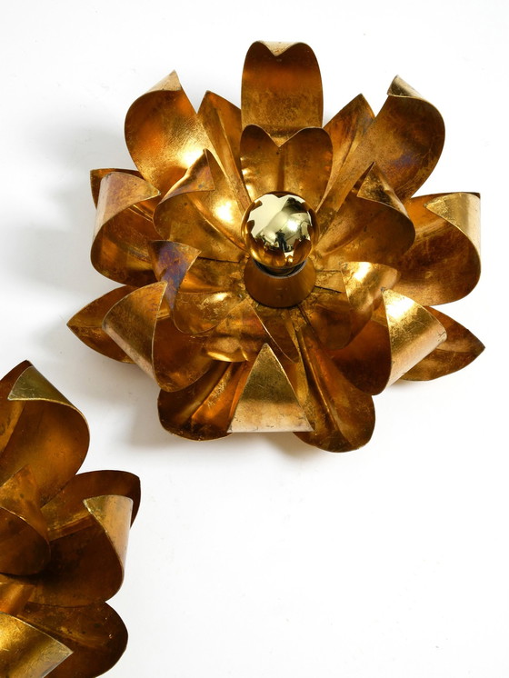 Image 1 of Pair Of Beautiful 70'S Gilded Floral Wall Or Ceiling Lamp With Large Leaves In Regency Design