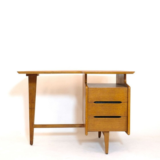 Image 1 of Vintage tripod oak desk by Jacques Hauville, 1950