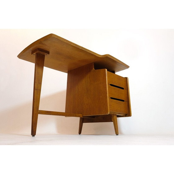 Image 1 of Vintage tripod oak desk by Jacques Hauville, 1950