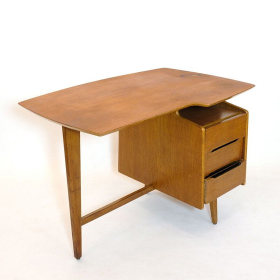 Image 1 of Vintage tripod oak desk by Jacques Hauville, 1950