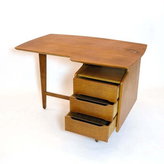 Image 1 of Vintage tripod oak desk by Jacques Hauville, 1950