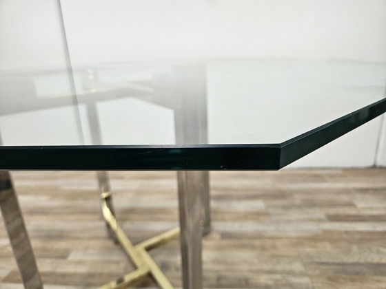 Image 1 of Regency Table In Chromed Metal And Brass With Hexagonal Glass Top