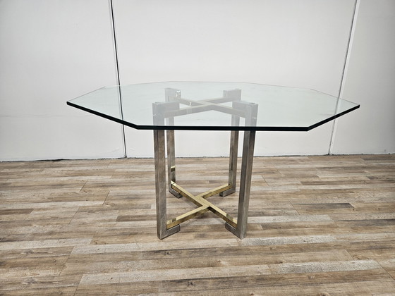 Image 1 of Regency Table In Chromed Metal And Brass With Hexagonal Glass Top