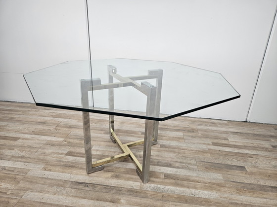 Image 1 of Regency Table In Chromed Metal And Brass With Hexagonal Glass Top