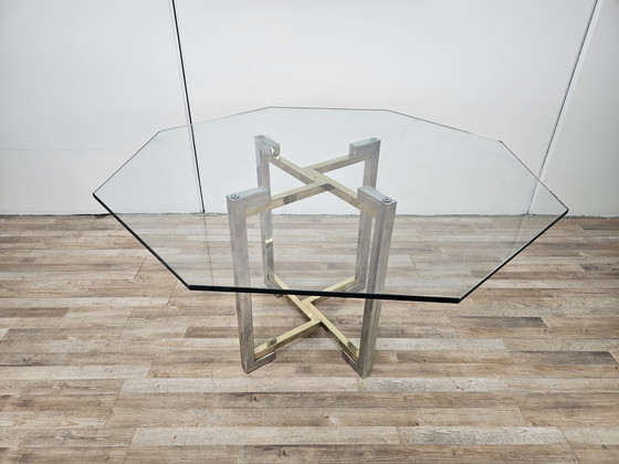 Image 1 of Regency Table In Chromed Metal And Brass With Hexagonal Glass Top