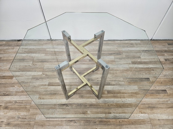 Image 1 of Regency Table In Chromed Metal And Brass With Hexagonal Glass Top