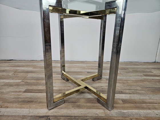 Image 1 of Regency Table In Chromed Metal And Brass With Hexagonal Glass Top