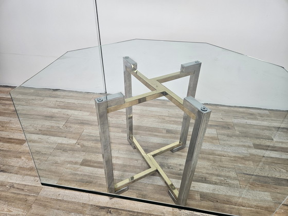 Image 1 of Regency Table In Chromed Metal And Brass With Hexagonal Glass Top