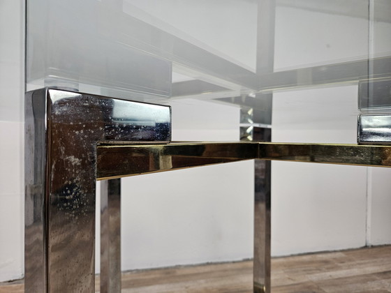 Image 1 of Regency Table In Chromed Metal And Brass With Hexagonal Glass Top