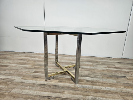 Image 1 of Regency Table In Chromed Metal And Brass With Hexagonal Glass Top