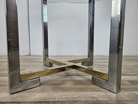 Image 1 of Regency Table In Chromed Metal And Brass With Hexagonal Glass Top